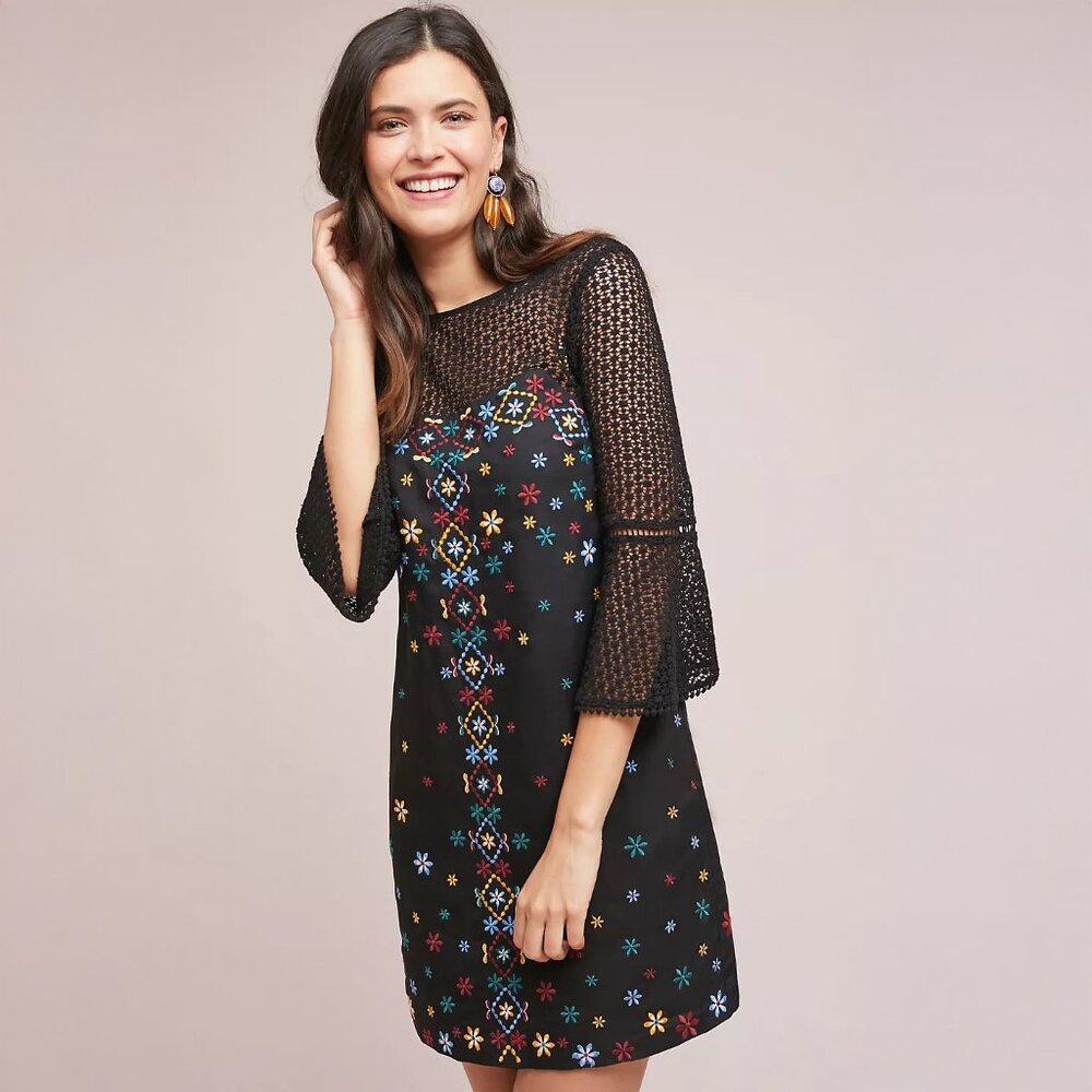 Anthropologie Akemi + Kin Maud Embroidered Shift Dress in Black - sz 12 Petite